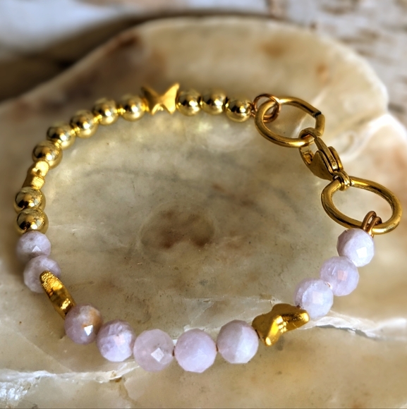 Natural Pink Kunzite & Gold Beads In Half And Half Assymetrical  Bracelet - Picture 3 of 6